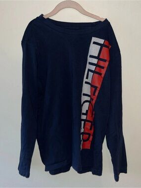 Vintage Tommy Hilfiger Navy Long-Sleeve Tee with Red & White Logo Panel